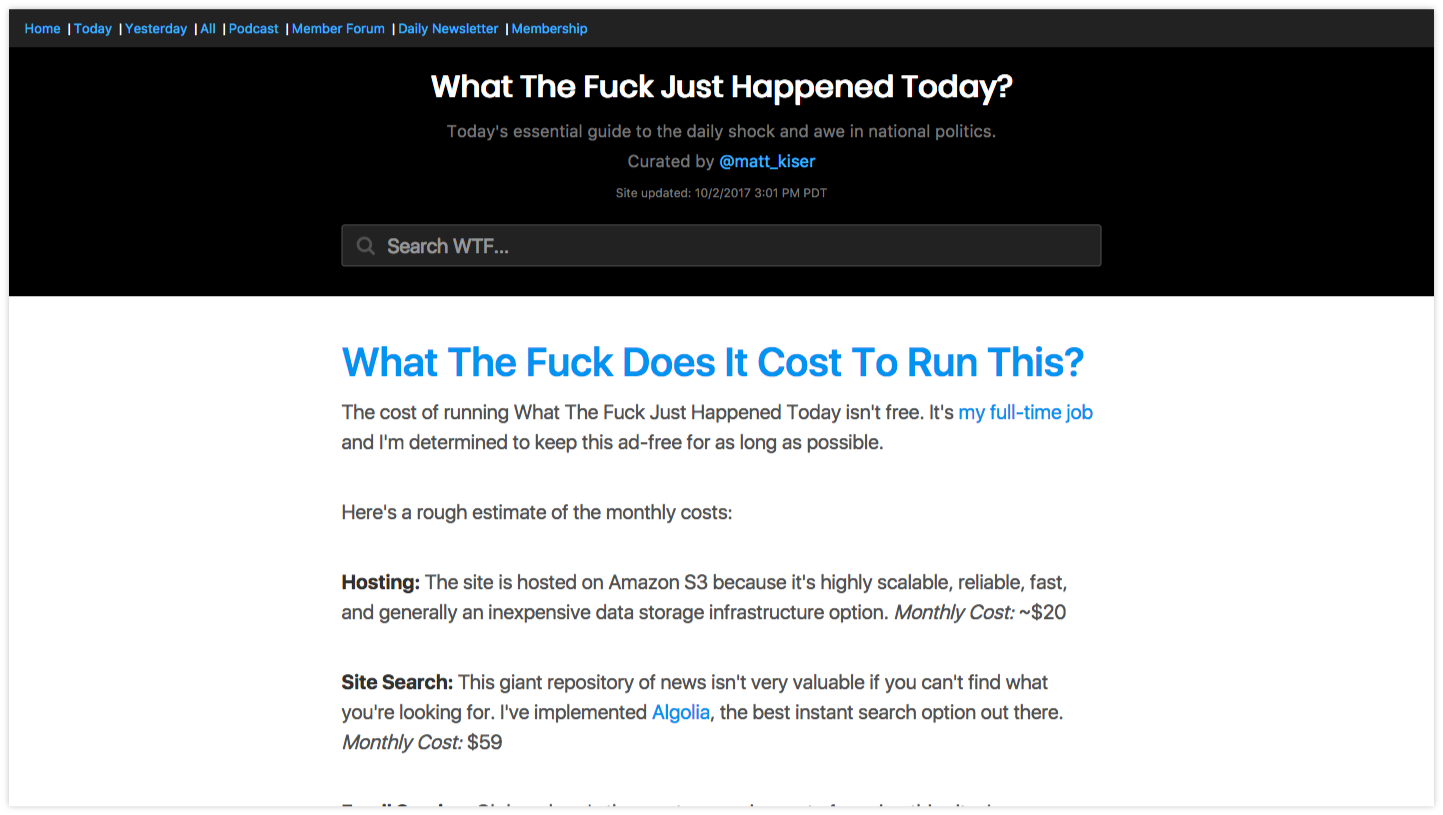 As part of his appeal to members, Matt Kiser outlines what it costs him to run WTFJHT.