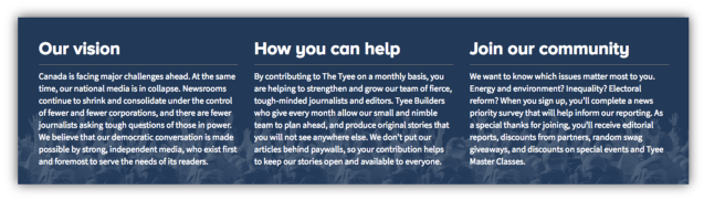 The Tyee asks new members to say which topics they most support through a “news priority survey.”