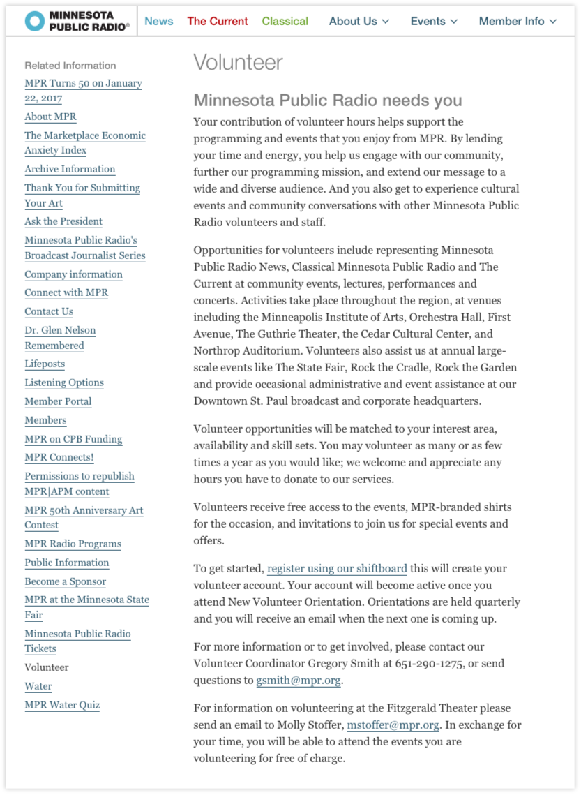 Minnesota Public Radio offers a range volunteer opportunities designed that speak to volunteers’ interest areas or skill sets.