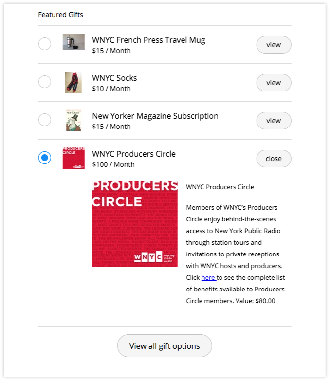 Members who donate $100/month are entitled to special perks at New York Public Radio (WYNC) .