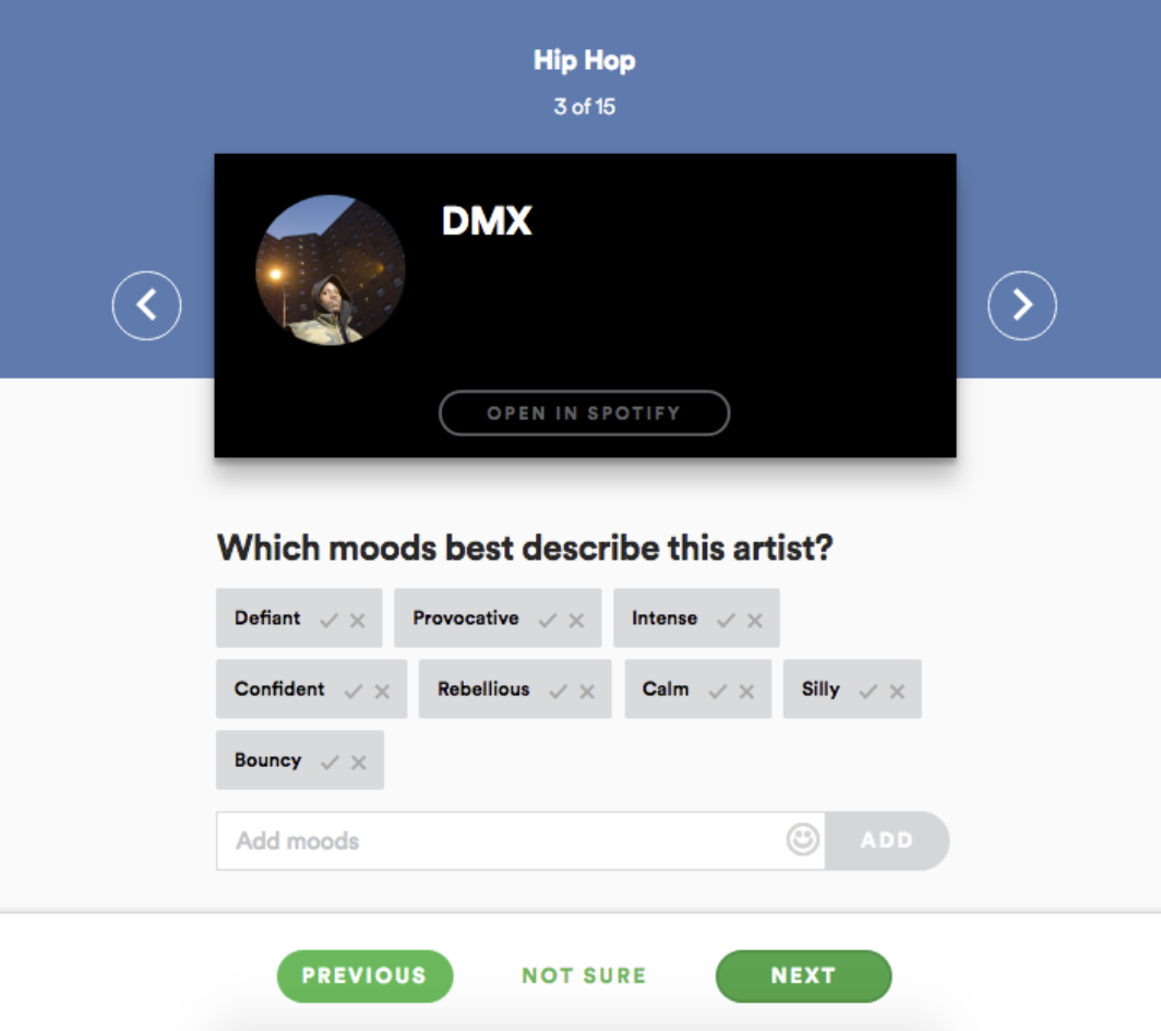 Screenshot from a hip-hop survey on Spotify’s Line-In metadata tool, asking respondents to select, deselect, and input mood descriptors for the rapper DMX.