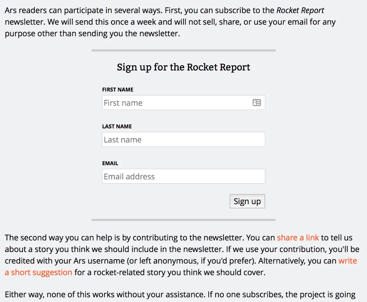 ArsTechnica space reporter Eric Berger turned to his audience to help him launch the Rocket Report newsletter. Within the first few weeks he signed up more than 7,000 subscribers and starting drawing regular reader contributions.