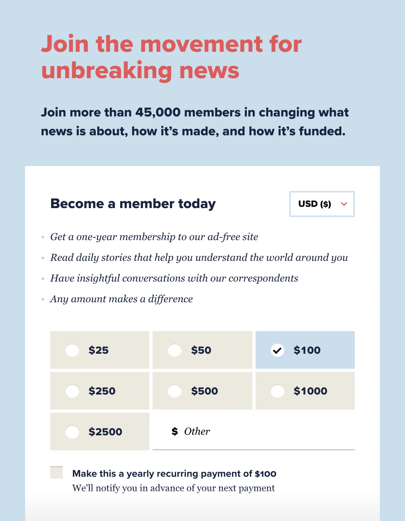 Members have to opt-in to make their payment recurring: a way to put the user in control.