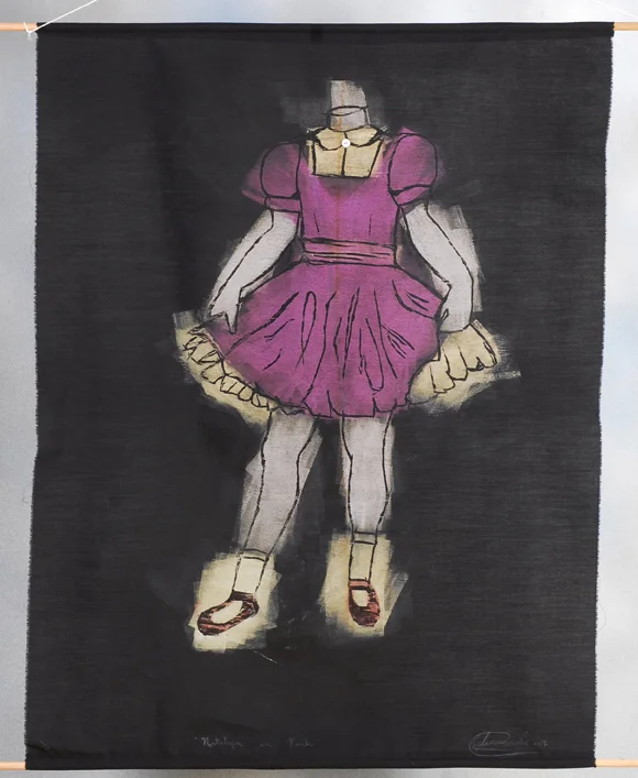 Nostalgia in Pink. Woodcut Print on Fabric. 2007.