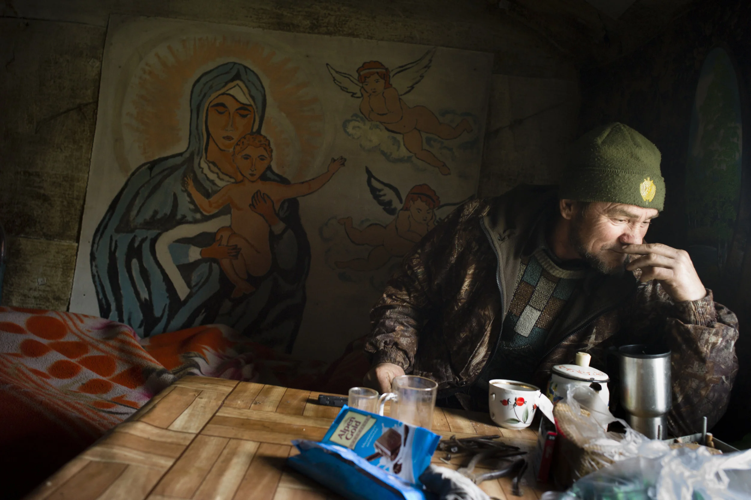 Russia, Dagestan, Chechen Island, 26 November 2013
Nicolay "Lis" which means "Fox" is fisherman who lives on the island and paints and lives among his paintings.
Stanley Greene / NOOR