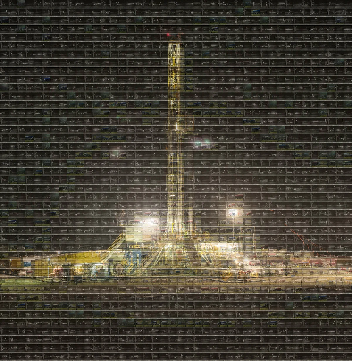 USA, Rome, 2011, A mosaic combining a shale gas drilling rig with 1764 timecoded images compiled from a set of 5121 images which were taken by Hop Bottom resident Frank Finan with a Bushnell wildlife camera over 91 hours from April 26, 2013 through April 30, 2013 showing the amount of truck traffic which passed in front of Rebecca Roter’s home in Brooklyn, PA during operation of a nearby shale gas well pad.