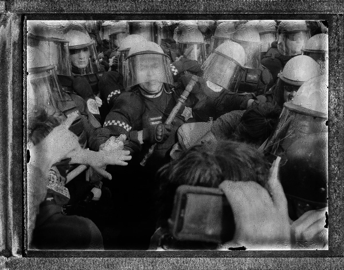 USA, Chicago, May 2012, Police clash with protesters at the corner of Cermak and South Michigan on Chicago's near South Side.