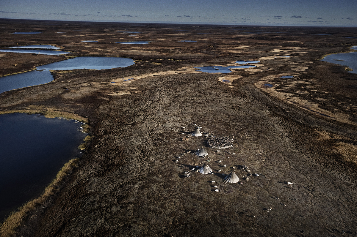   Russia, Yamal, October 2009, Aerial view of Yamal peninsula.&nbsp;The camp of the nomadic Nenet tribes.  