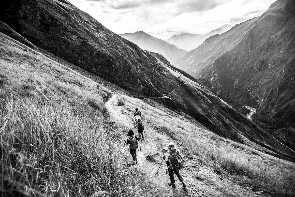 Peru, Cachora, August 2016, People trekking the route from Cachora to Chiquisca Camp (1,800m/5,900 ft) near the Apurimac River.