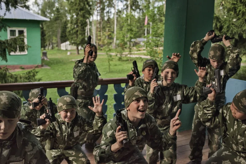 Russia, Klin, August 2016, At the children’s military summer camp known as Razvedbat, meaning “Reconnaissance Battalion,” Russian boys and girls prepare for military service, learn to love their country and to fight for it, using a rich variety of weapons.