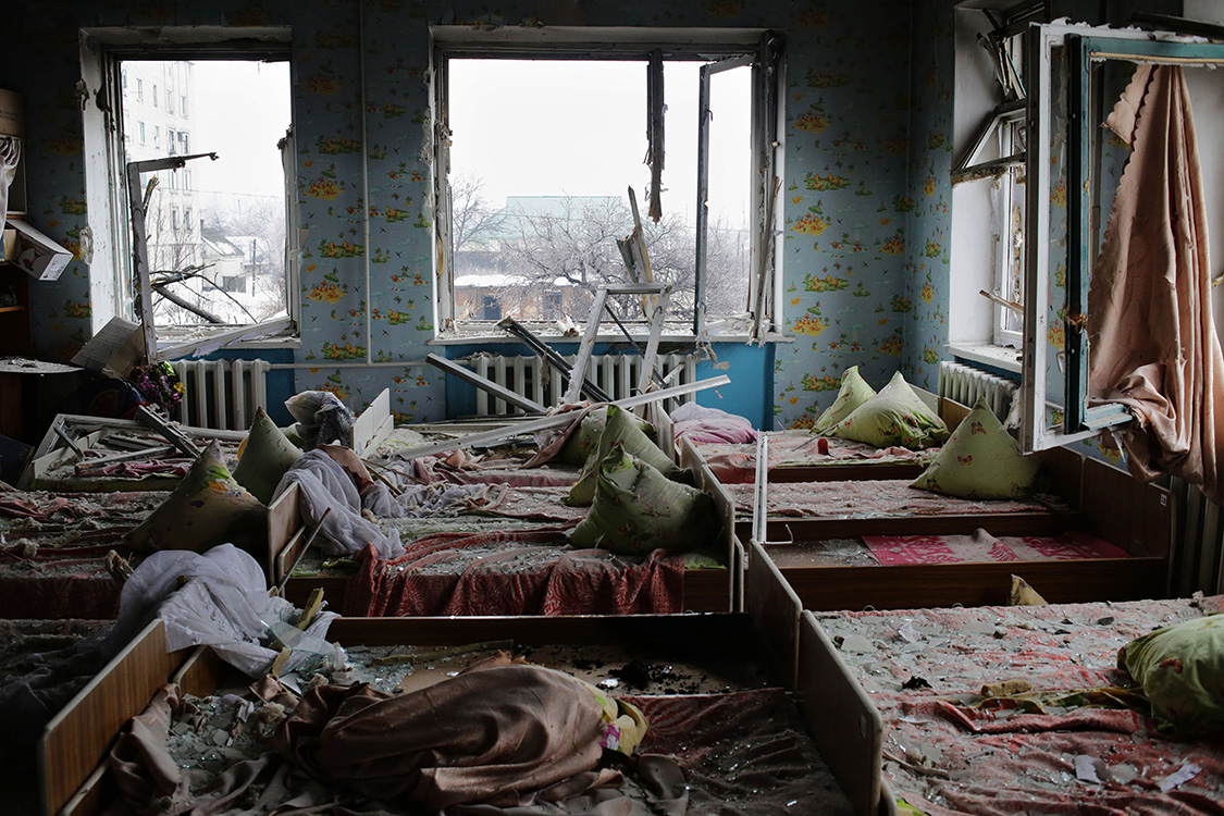  A view to a shelled kindergarten in Debaltseve, Ukraine.
Children were evacuated before the shelling. 