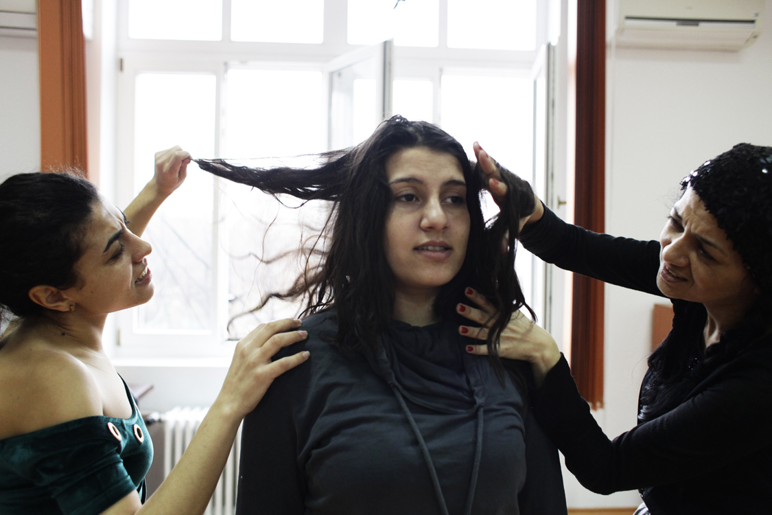  Romanian-Roma actresses Mihaela Dragan, Elena Duminica and Zita Moldovan are rehearsing for one of their plays in a room belonging to the Roma party, in Bucharest, Romania, on February 4th 2016.  