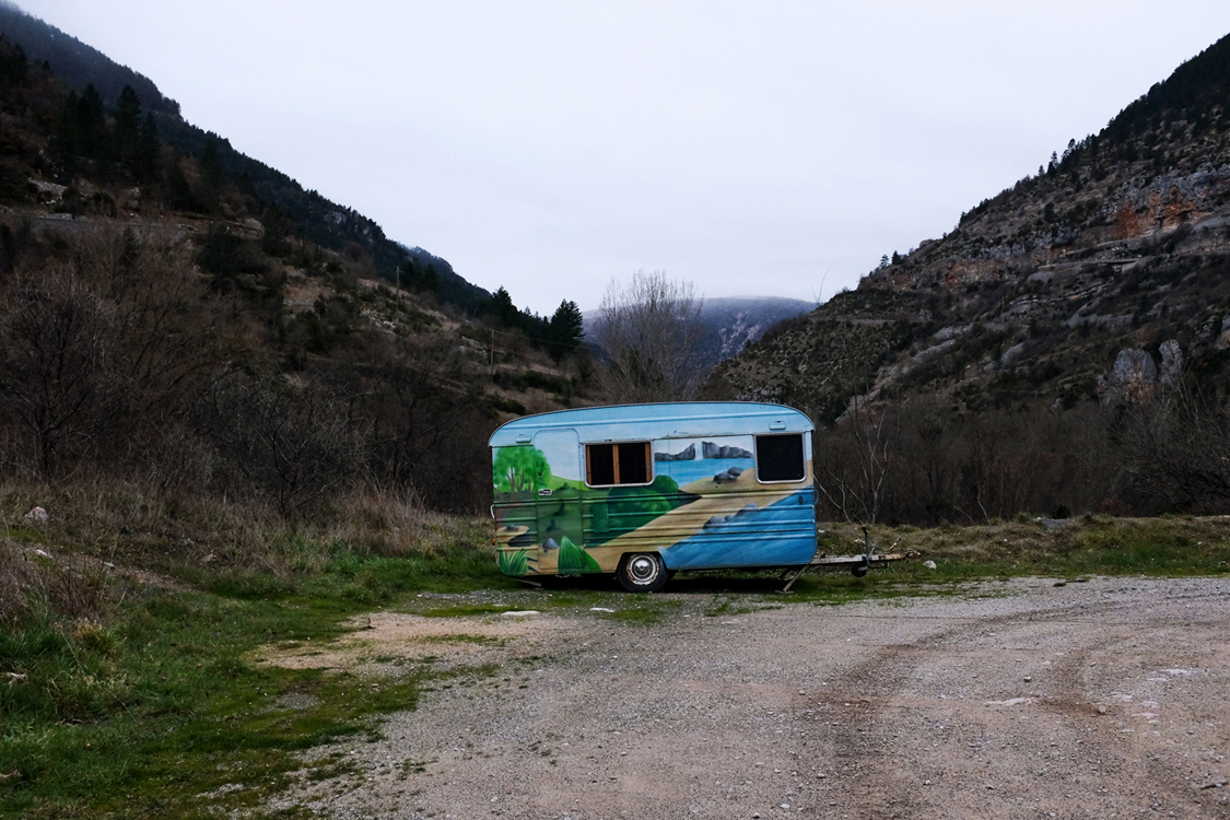  A trailer waiting for the coming summer. Sainte-Énimie, January 11, 2017. Tourism is a major economic income for the remote area of the Cévennes, and two visions cohabit: The first considers the National Park as restraining development activities, t