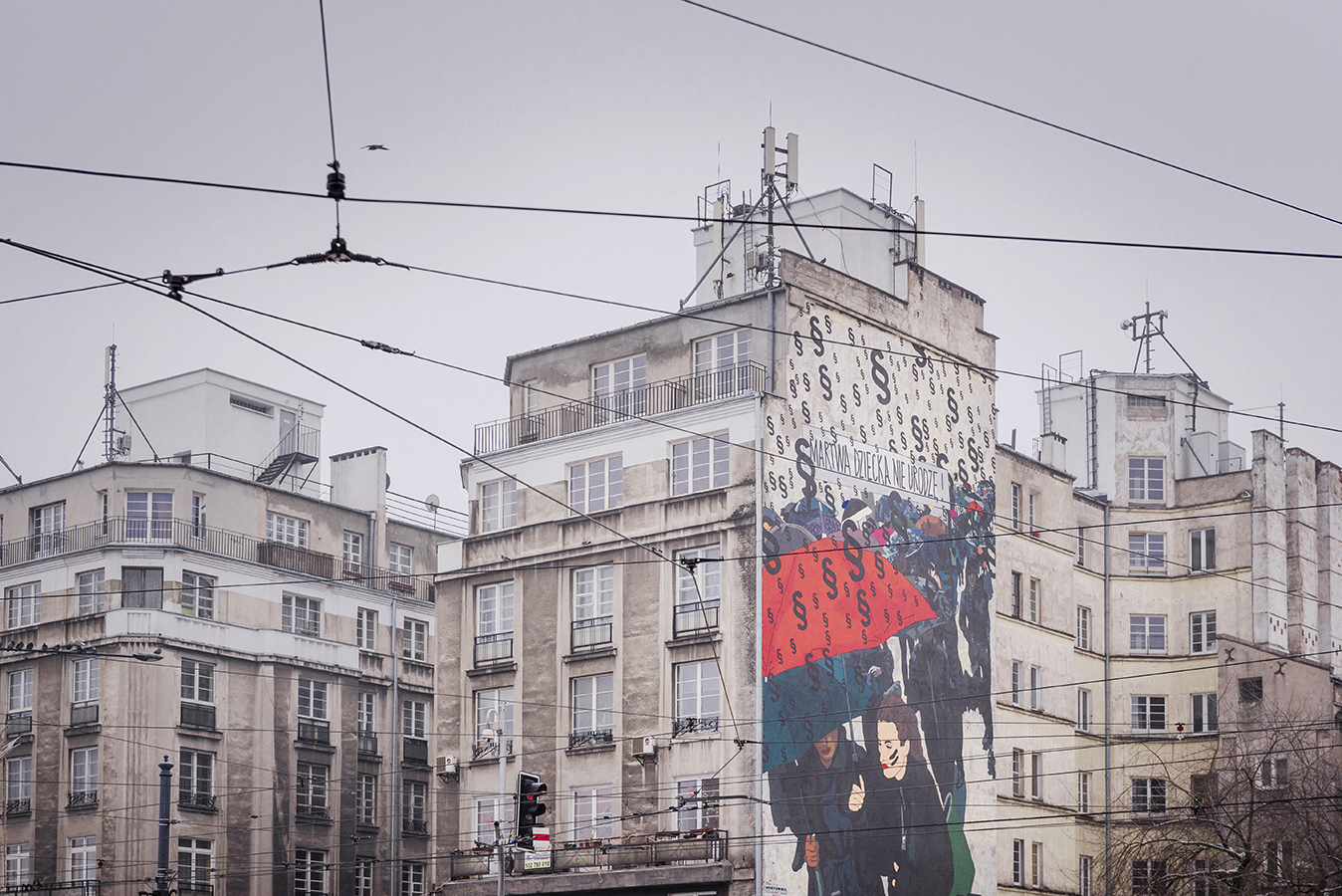  A street art painting designed by Marta Frej, a socially engaged illustrator, was painted in the centre of Warsaw to commemorate the Black Monday marches held in October 2016. More than 100,000 people protested against the tightening up of the anti-