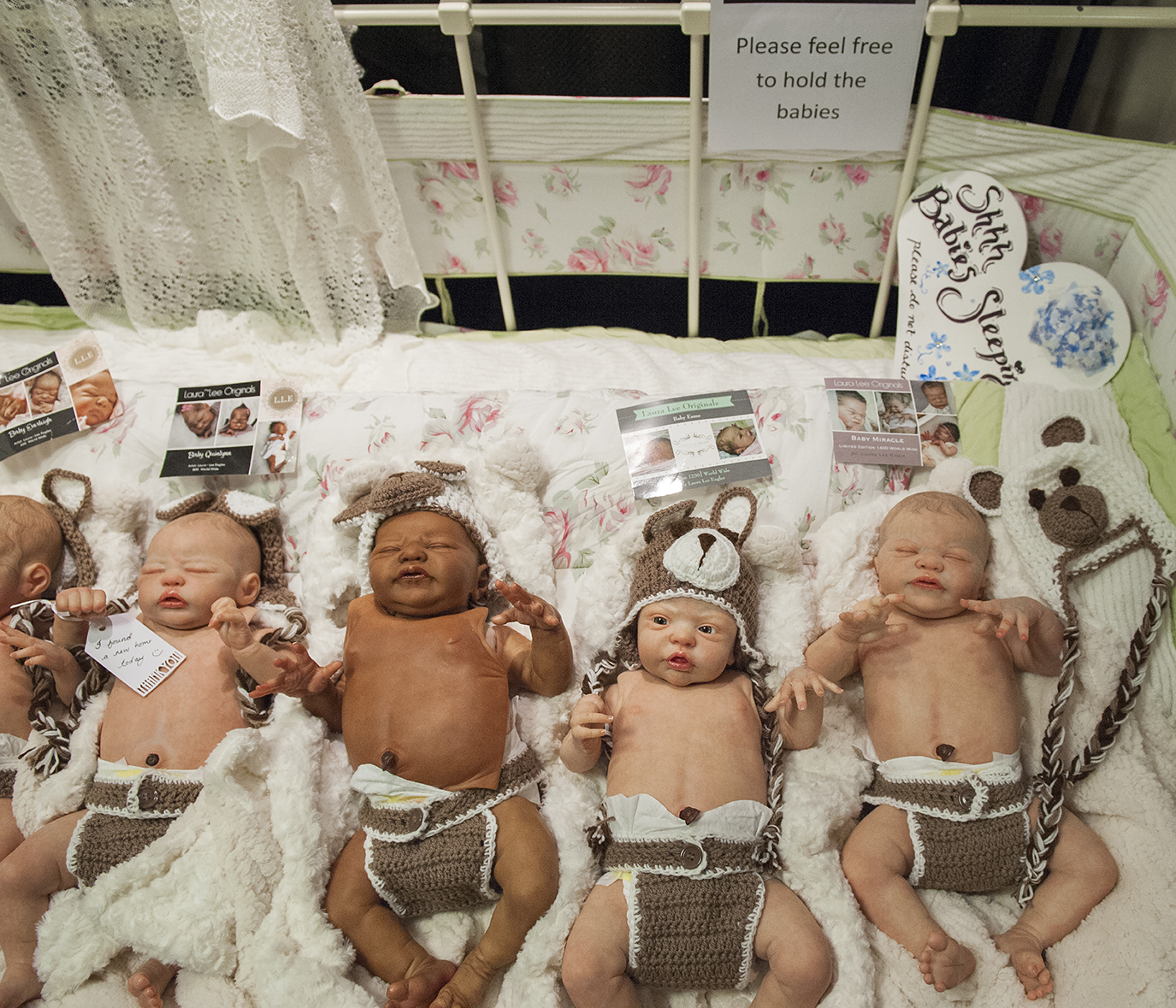  Babies for adoption. There are hundreds of dolls you can choose from at the doll show. These events are very popular in the UK – families, couples and single people come along to look for a perfect "baby". 