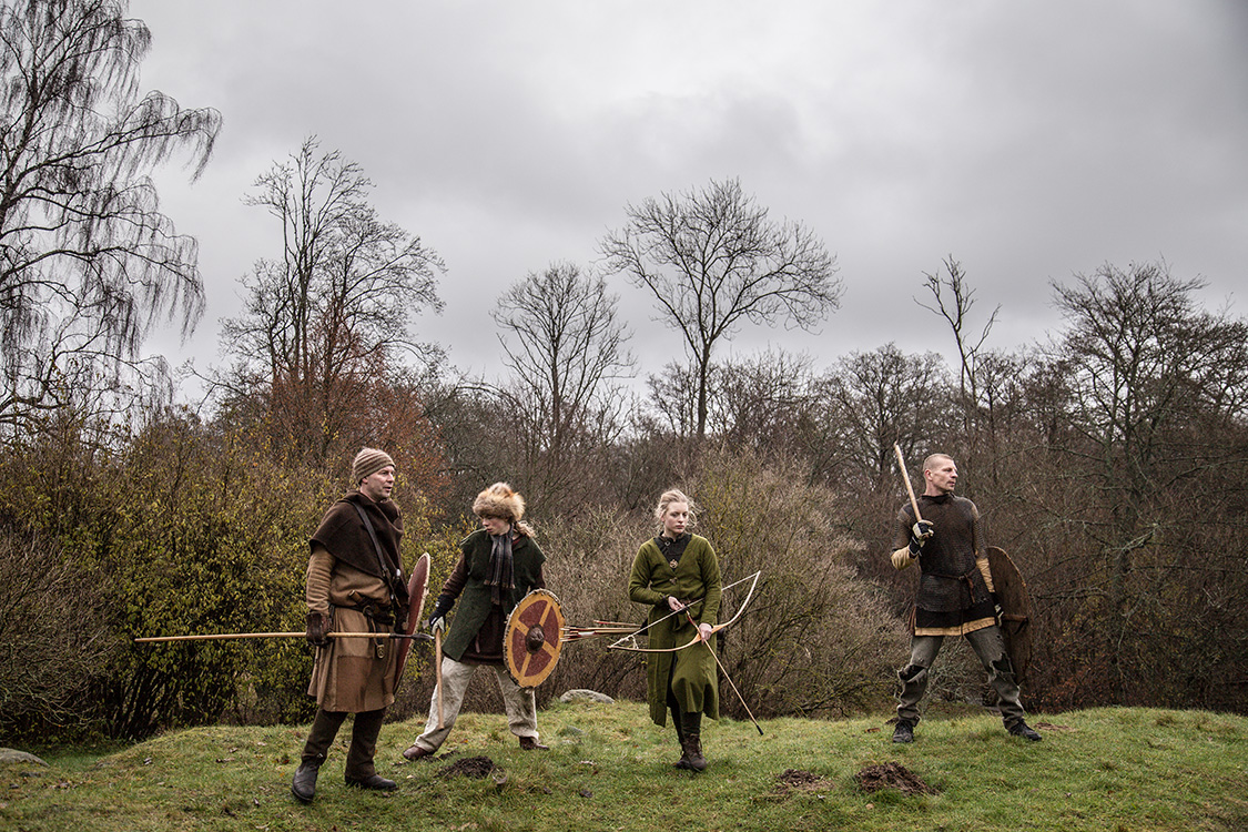  A group of Viking reenactors train in a forest in Southern Sweden. November 2017. 