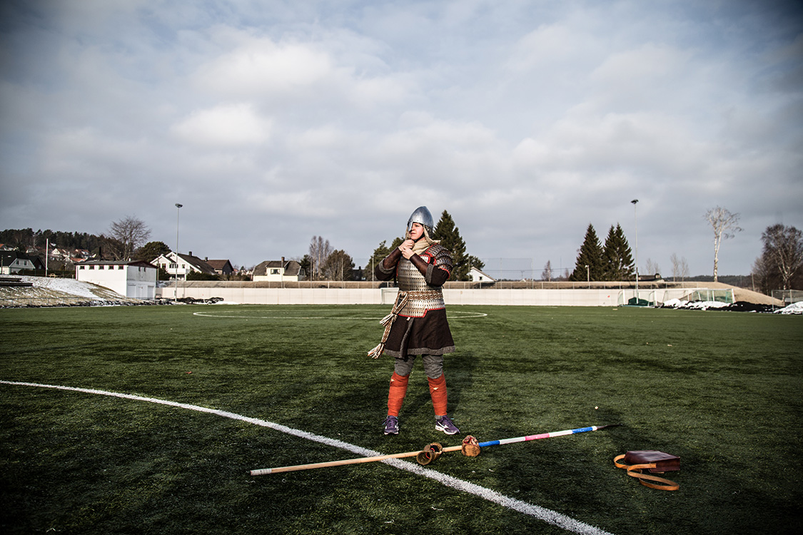  A Viking reenactor prepares for a fighting session during the historical fighting festival Vinter in Norway. February 2018. 