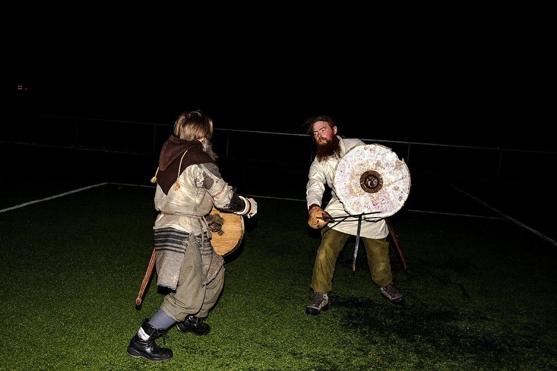  Two Viking fighters practice at night, during the historical fighting festival Vinter held every year in Norway. 