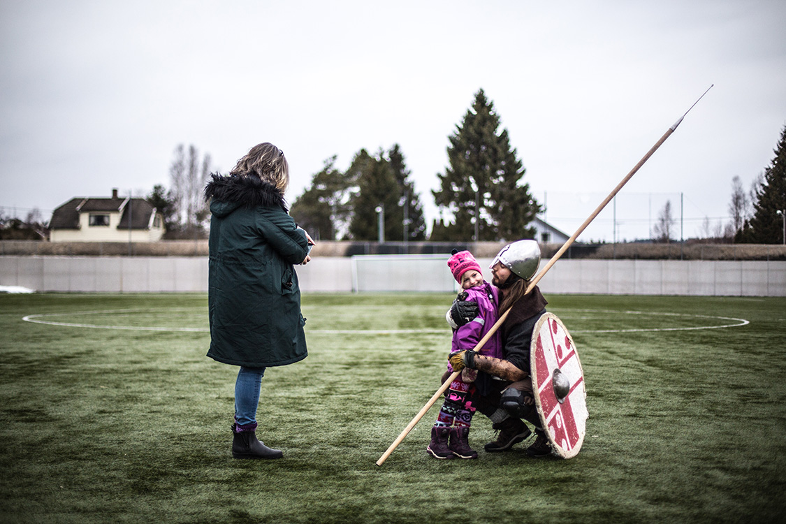  A Viking fighter and his family during the historical fighting festival Vinter, held every year in Norway.  