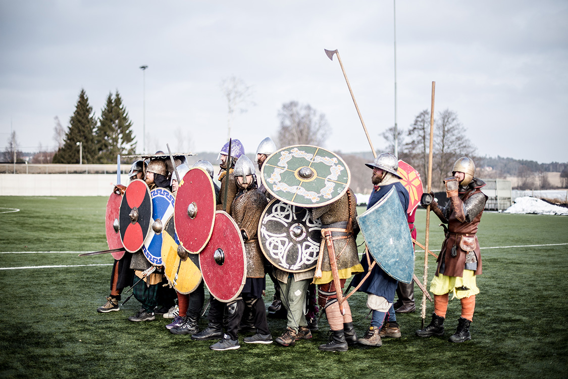  A group of Viking fighters practice formation fighting during the annual historical fighting festival Vinter, held in Norway every year. 