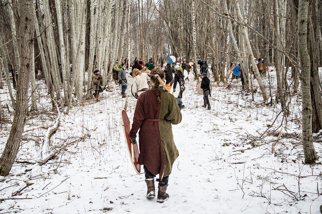  A group of Viking fighters practice formation fighting  in the forest, during the annual historical fighting festival Vinter, held in Norway every year. 