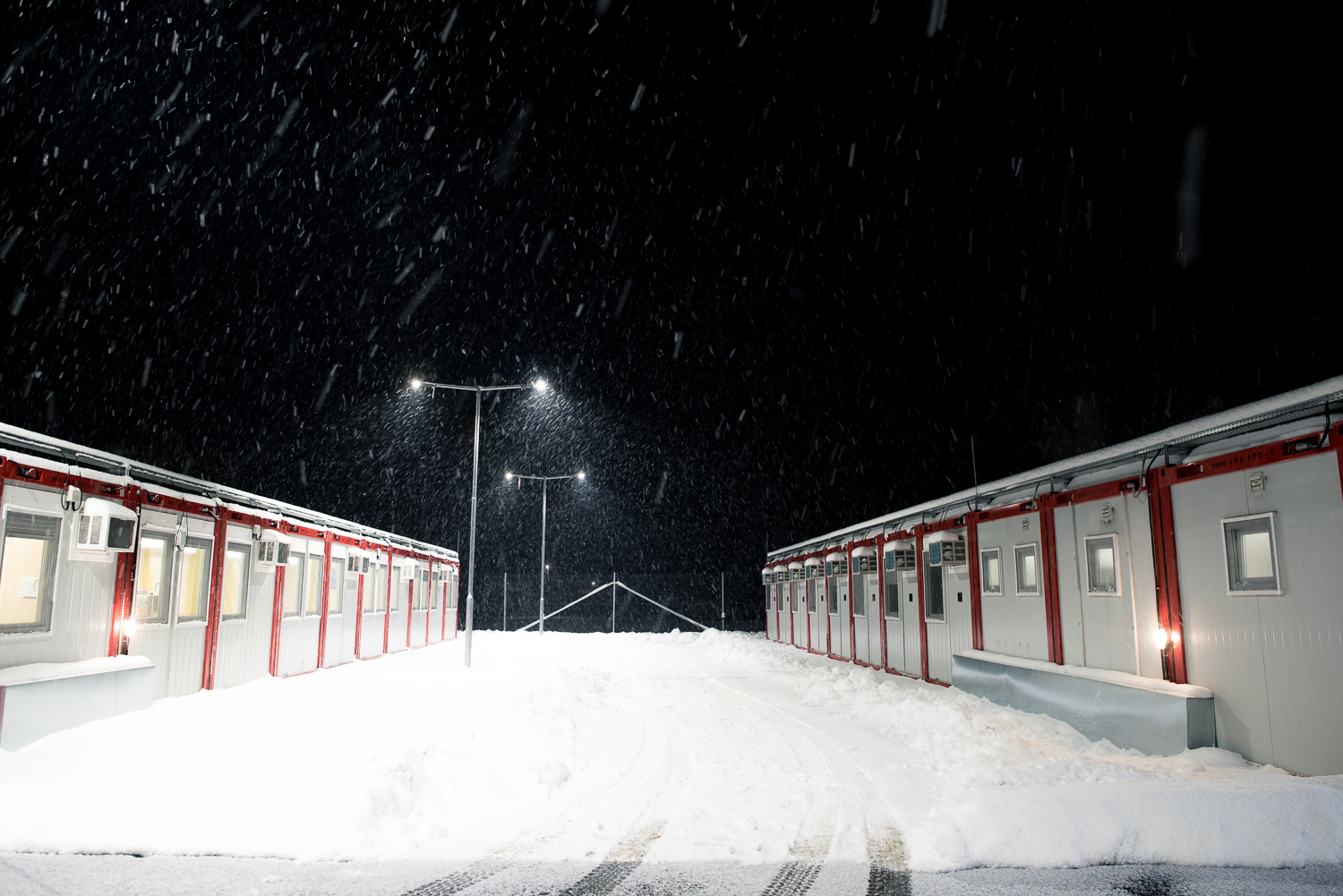  Border Protection Base during snowfall at Hercegszántó, Hungary 27 February 2018.  The fence was constructed in the middle of the European migration crisis in 2015, with the aim to ensure border security by preventing immigrants from entering the co