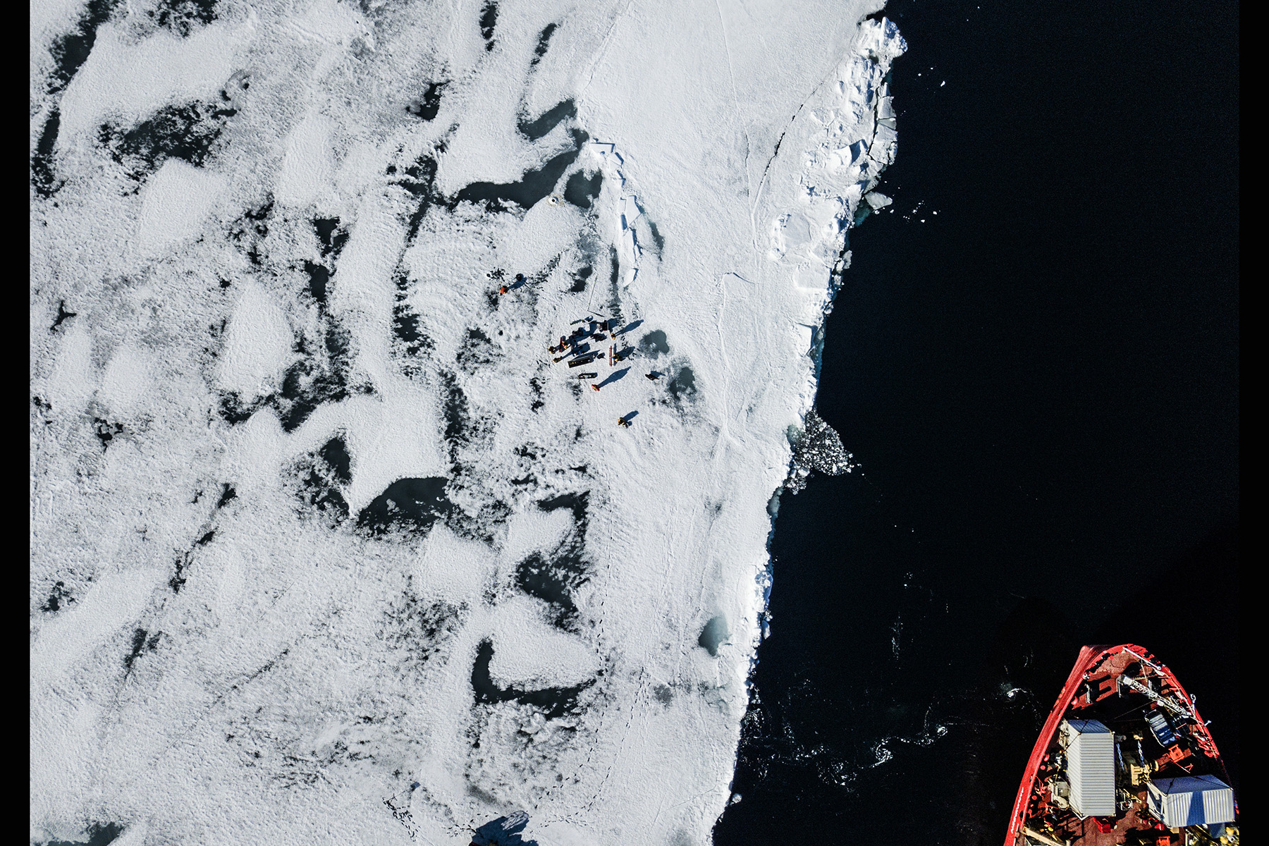  Canada, Nunavut, Kangiqsualuk Ilua (Hudson Bay), June 2018

An aerial of the Amundsen, which is an icebreaker from the Canadian coastguard, which is also partly has been converted to a science lab. 
An international team of scientists specialised in