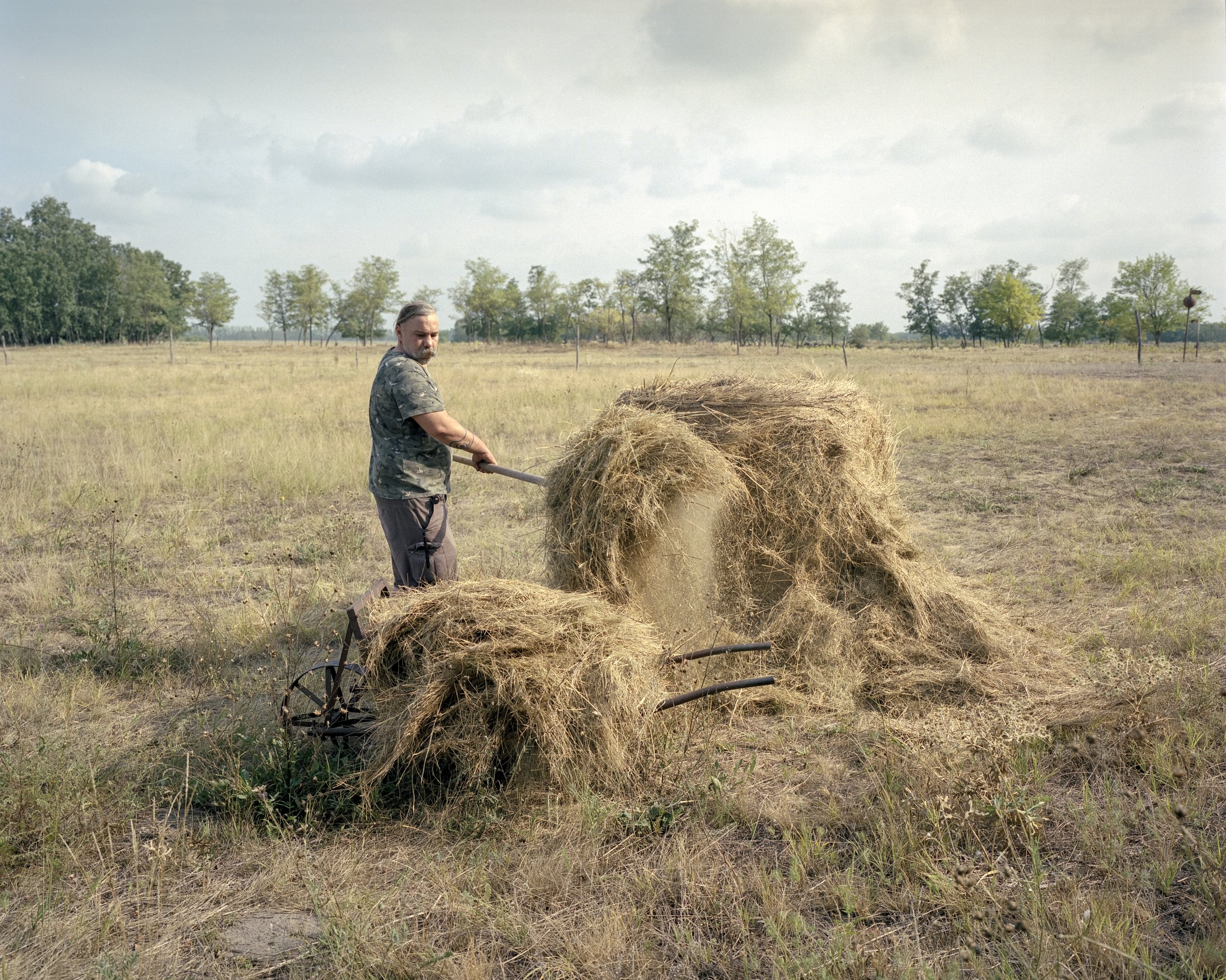  László Kulcsár preparing food for his horses. Fields were not mowable this year due to early drought.Jásszentlászló, Hungary, 2022 