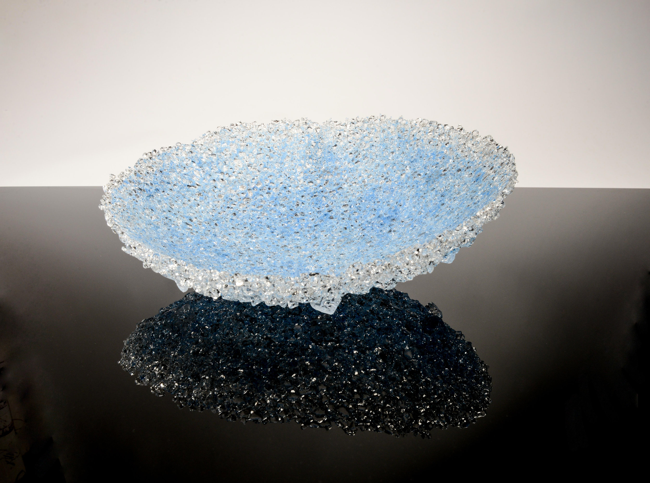 exquisite blue sculptural crystal vessel - clear glass with crystal clear and blue nuggets