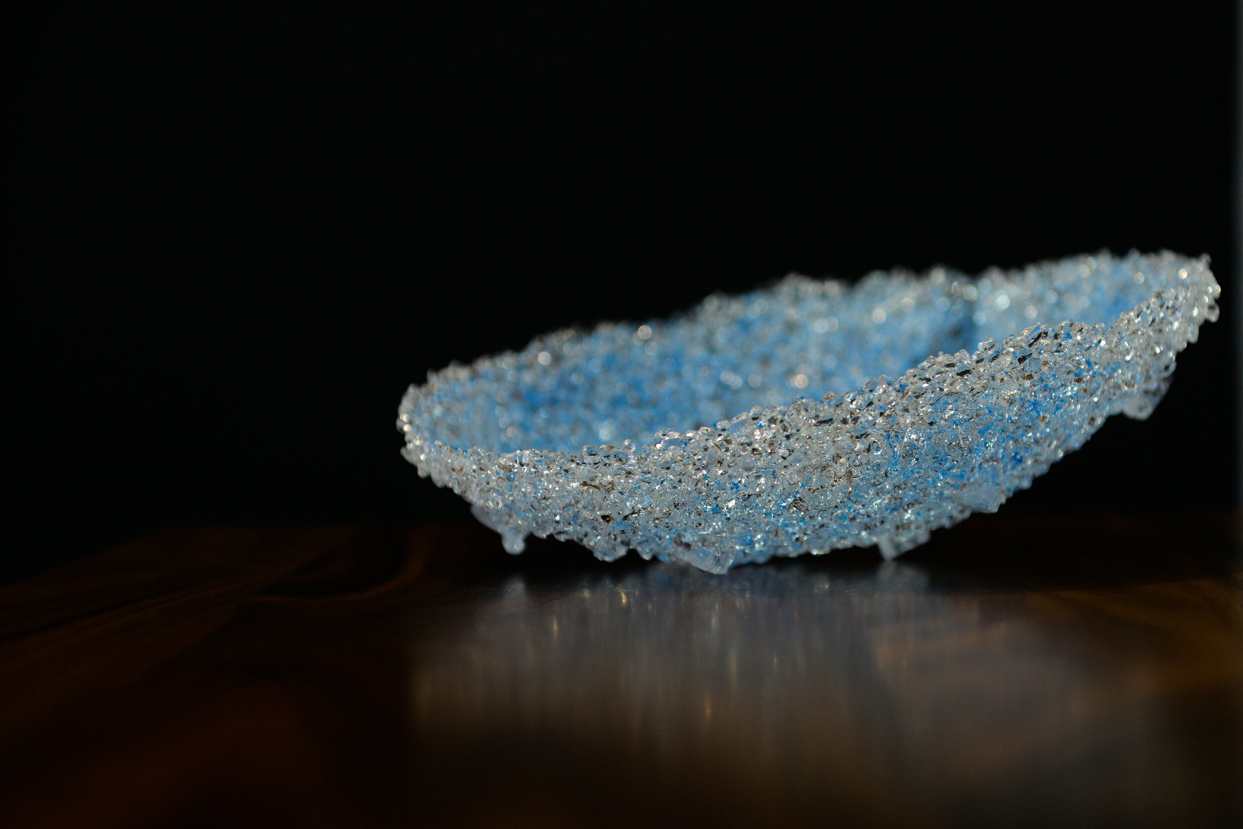 exquisite blue sculptural crystal vessel - clear glass with crystal clear and blue nuggets Lichfield Naomi Jacques