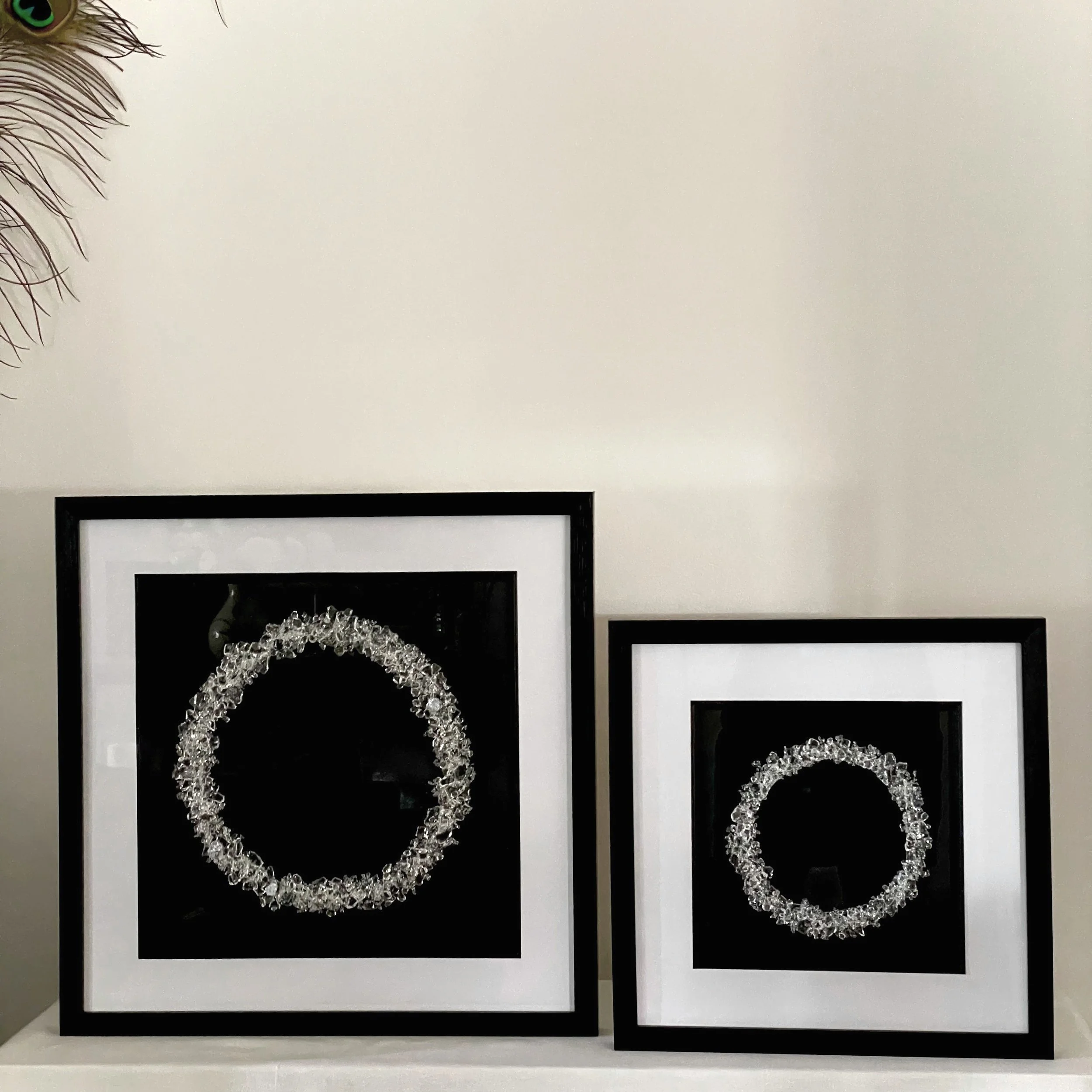 Large and medium framed crystal clear frit fusion art work