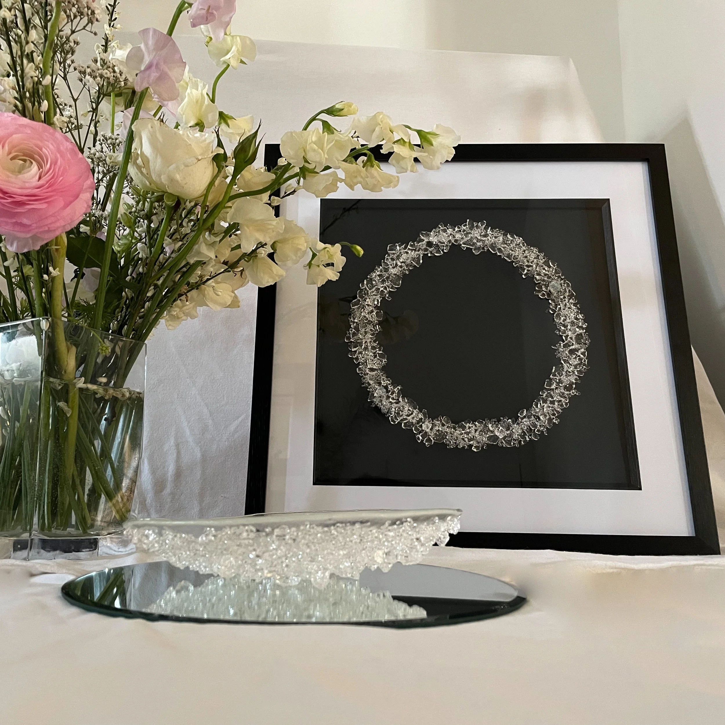 Unique hand crafted art works - style shoot. Naomi Jacques Vessel, framed art work, flowers, photoshoot