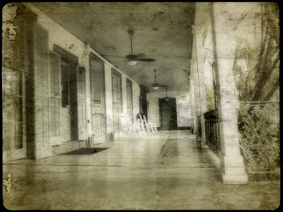 The front porch of the Myrtles, where William Drew Winter was shot and killed. His murder was never solved, however, he did not -- as the legends claim -- stumble up the main staircase and die on the seventeenth step. 