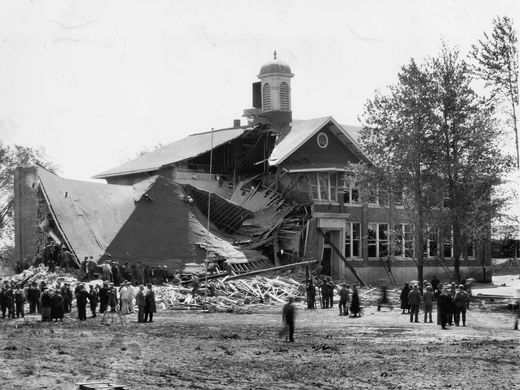 The ruins of the Bath Consolidated School after the explosion. This horrific event is the worst school massacre in American history.