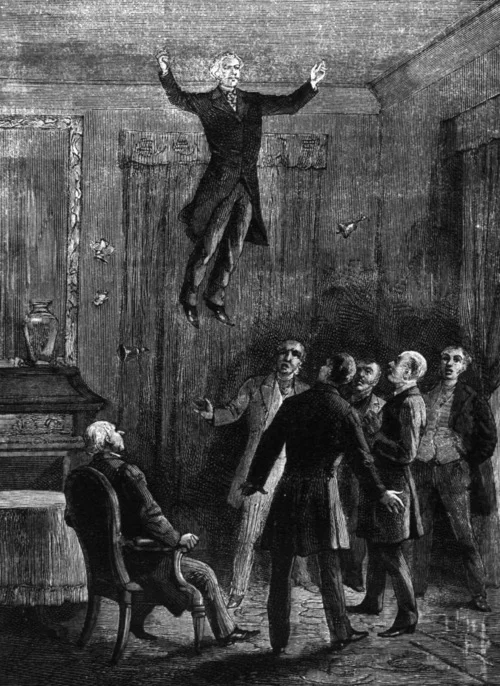 A contemporary illustration of one of Home's levitations -- which always occurred in well-lighted rooms in front of many witnesses. Mass hallucinations or some unearthly power?