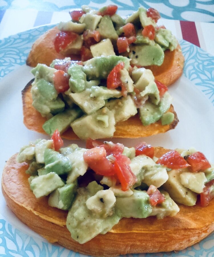 Coconut Roasted Sweet Potato with Spicy Avocado and Tomato Salsa