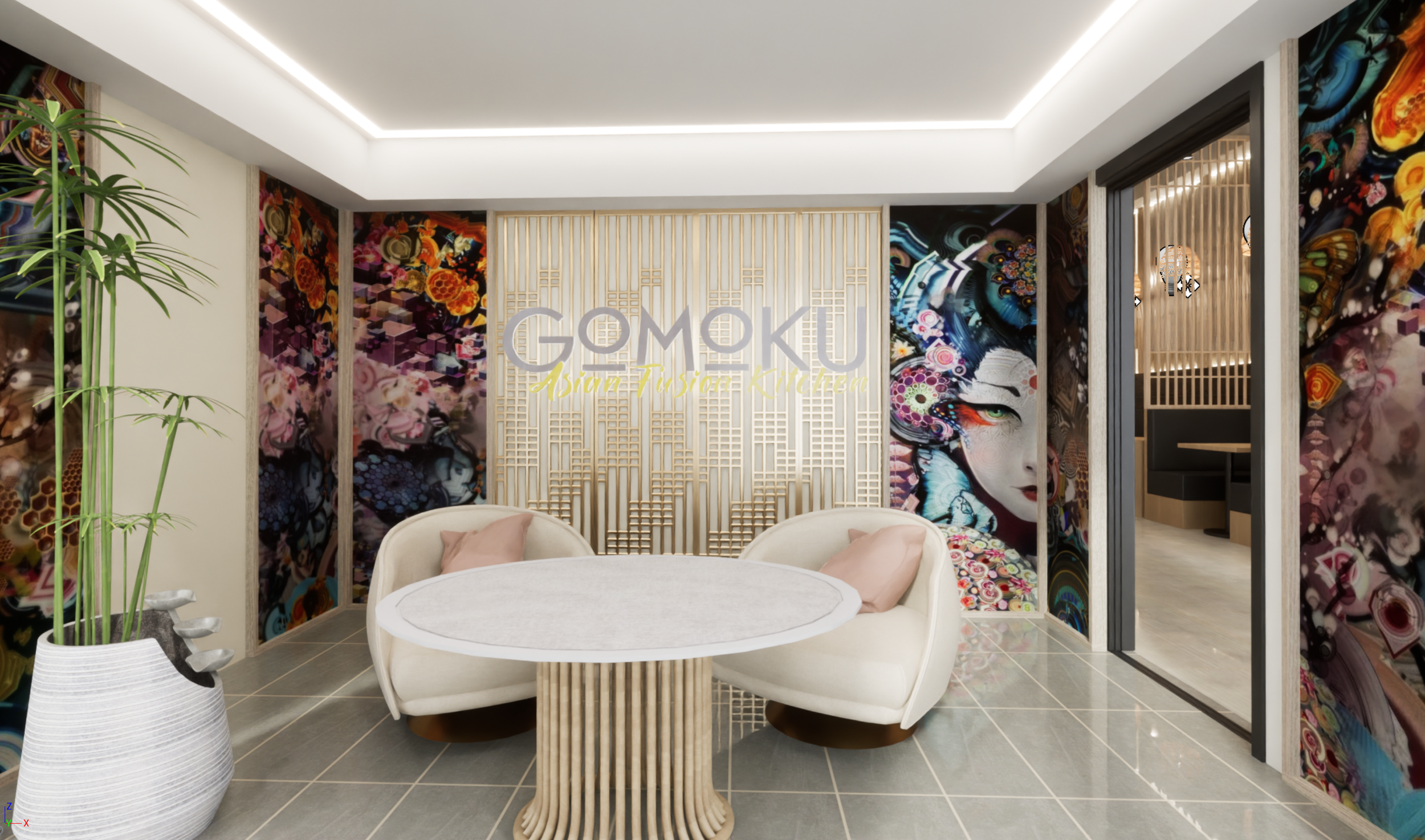 Interior of a modern Asian fusion restaurant with colorful artwork, a decorative wall with the restaurant's name 'GOMOKU Asian Fusion Kitchen,' a round table, and plush seating.