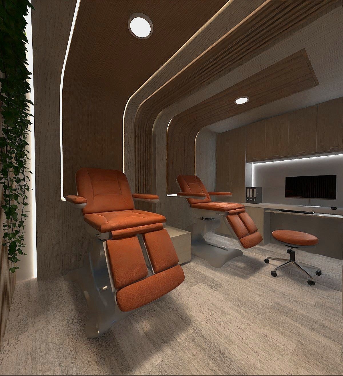 Modern medical consultation room with two orange reclining chairs, a rolling stool, a desk with a monitor, and wooden-paneled walls with built-in lighting.