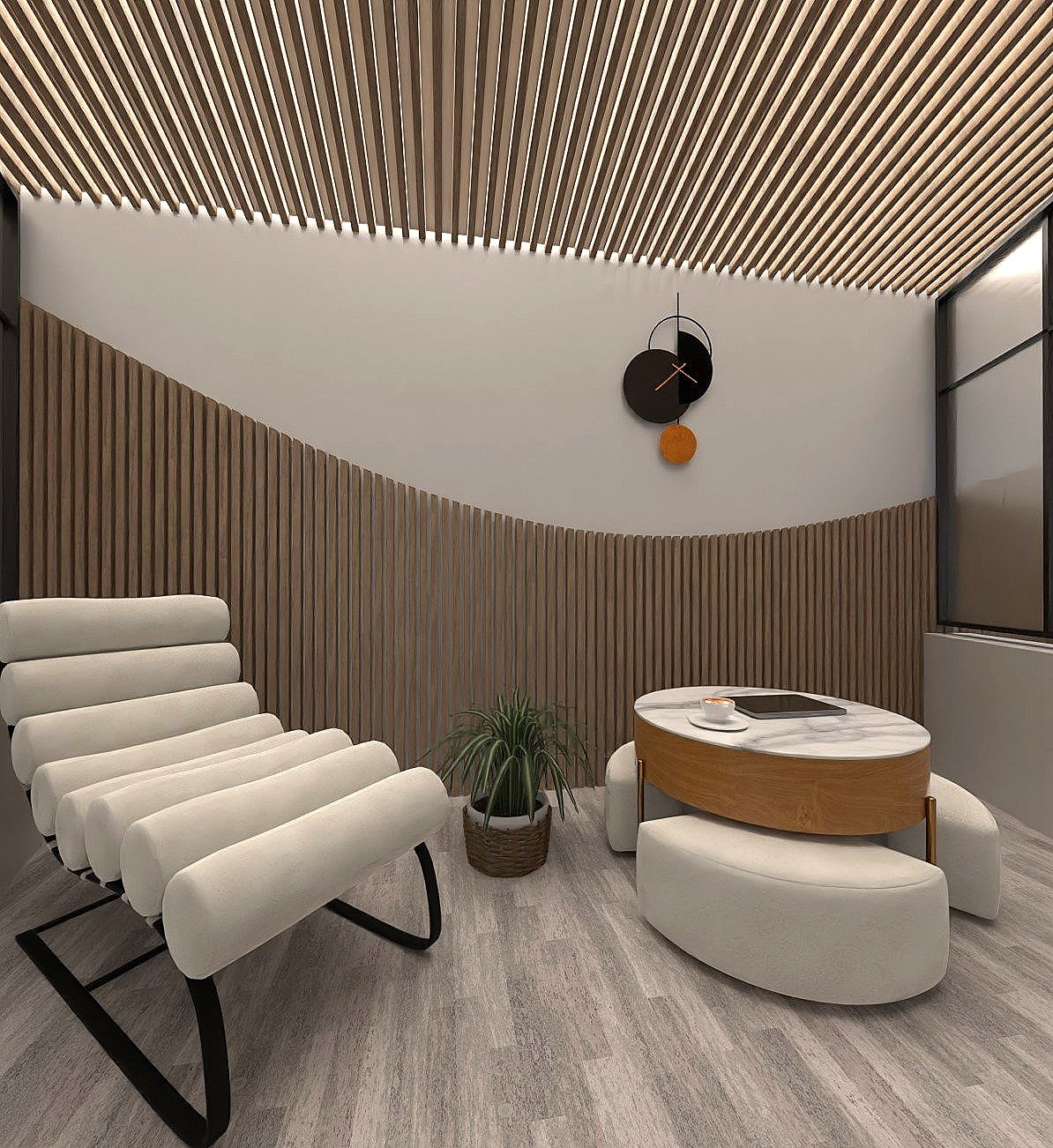 Modern office waiting area with white cushioned chairs, a small curved wooden table, a potted plant, and a wall clock, featuring wood paneling and a minimalist style.