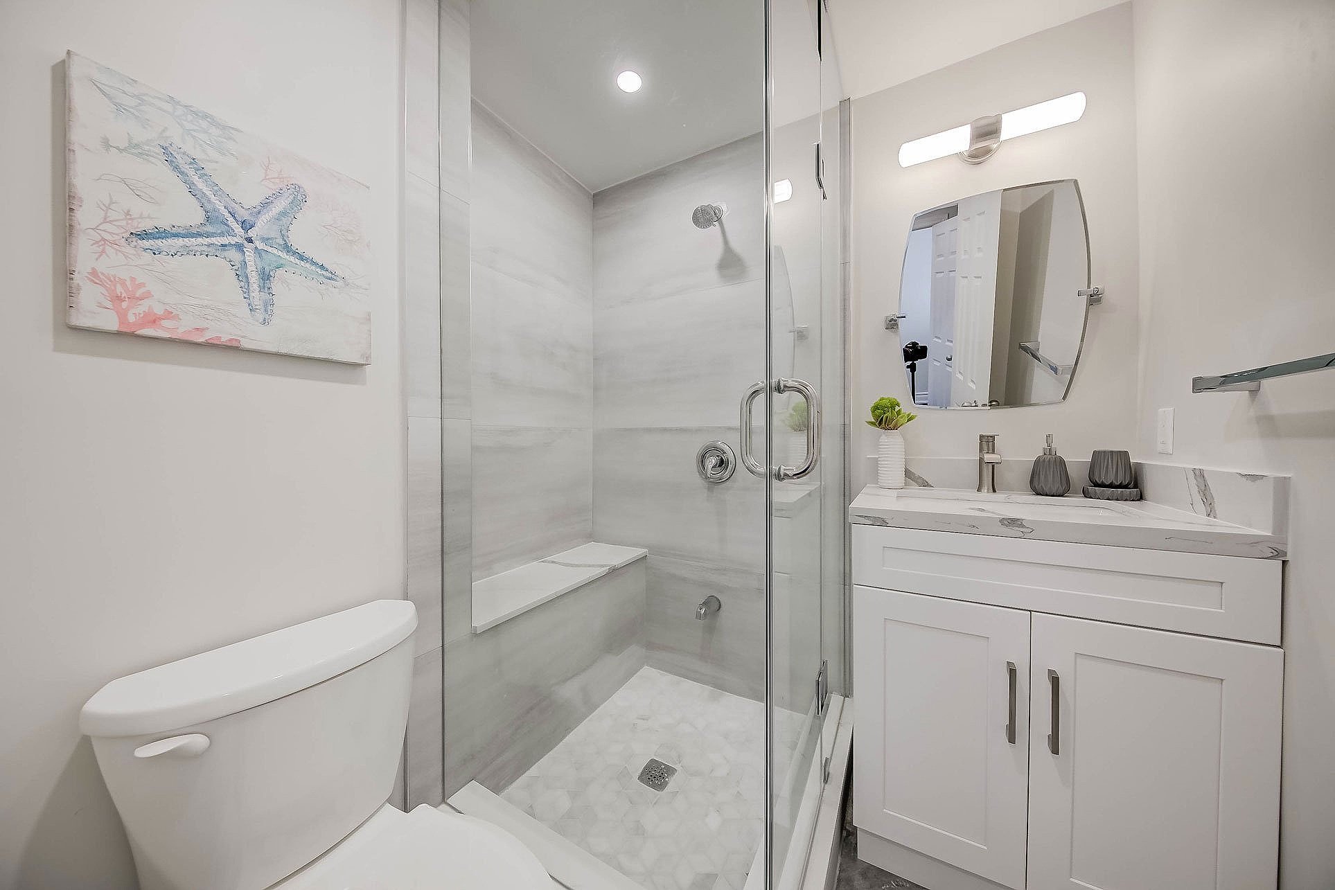 Modern bathroom with a glass-enclosed shower, white vanity with a marble top, and a wall-mounted mirror. Decor includes a starfish artwork and a small potted plant.