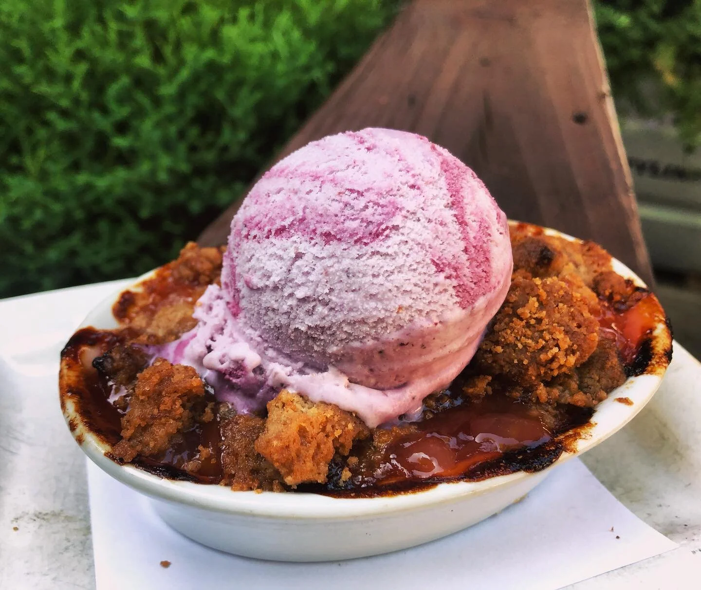 We are open 12:30-9pm Saturday and Sunday for patio dining, contactless to go + curbside pick up! Pictured here: @pearsonfarmga peach crisp, blueberry ice cream.