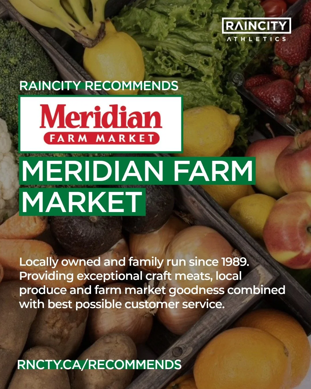 #RaincityRecommends 💚Most, if not all, of our #RAthletes support local and have been recommending several brands and companies that focus on well being and care for communities. ⁠
⁠
Meridian Farm Market feedback: &quot;Locally owned, family run butc