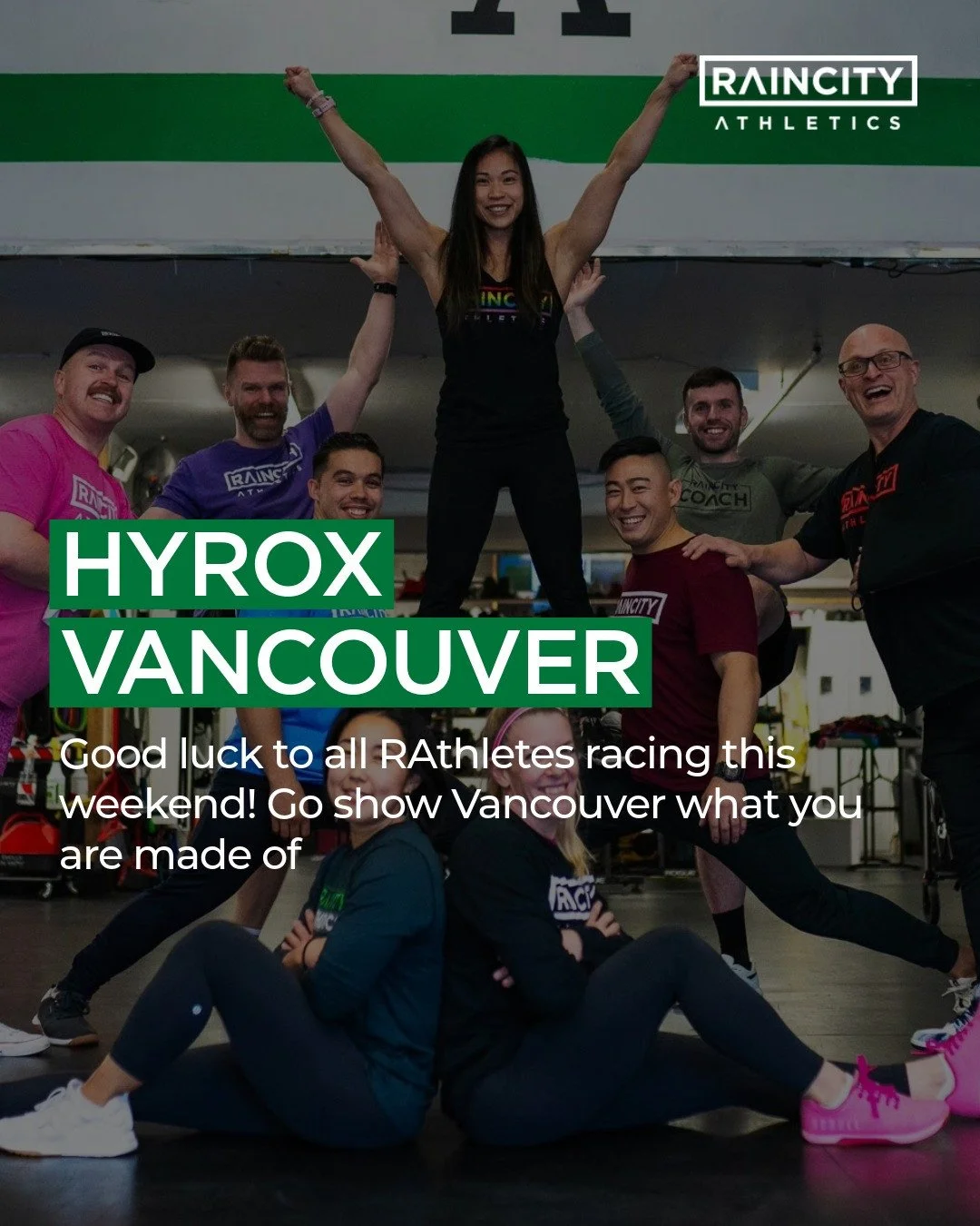 Good luck to our Raincity athletes taking on: ski, sled push, sled pull, burpee broad jump, row, farmer carry, wallballs, lunges, run... trust the work and enjoy every brutal minute ⚡️⁠
⁠
You&rsquo;ve done the work. Now go earn the high-fives and pos