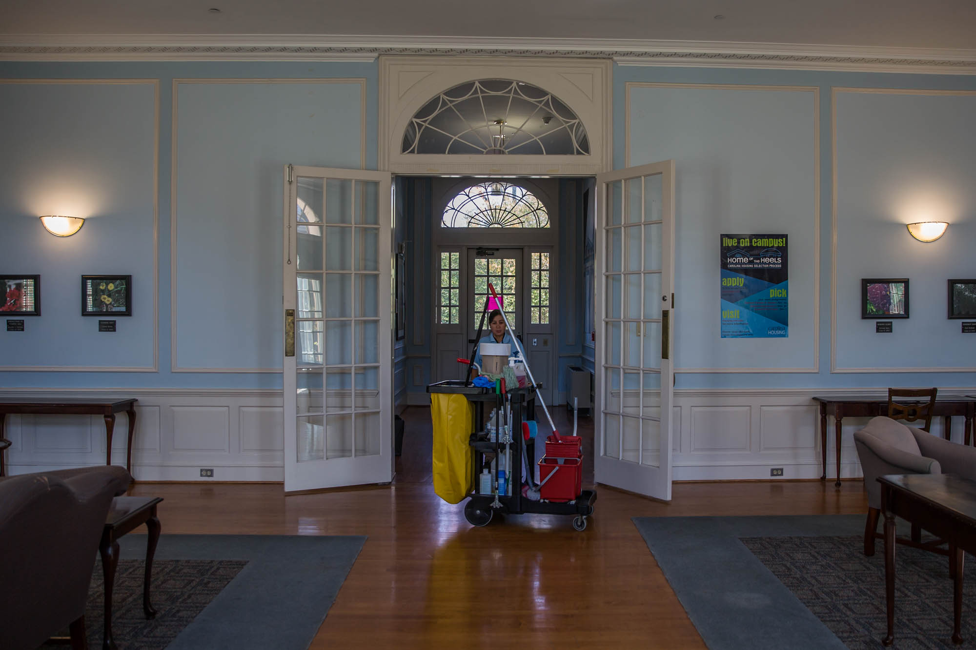 Lwin finishes cleaning in the Kenan living community. Recently, extended family has immigrated from Myanmar into her house in Chapel Hill, leading to more family time and traditions. “I will teach my daughters how to cook in a couple of years,” she said. “They are too young now.