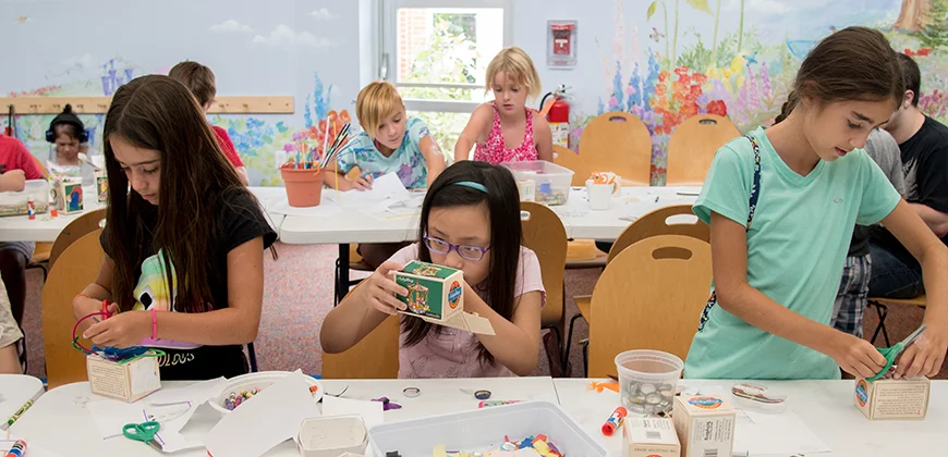 Lily Weir, 7, (from left) Ella Wong, 10, and Grace Weir, 10, create shadow boxes during a Brushstrokes Art Lab maker program inside the Mt. Lebanon Library. Elementray age students were invited to hear the story “Mr. Cornell’s Dream Boxes” then asked to create personalized shadow boxes similar to art in Joseph Cornell’s children’s tale.