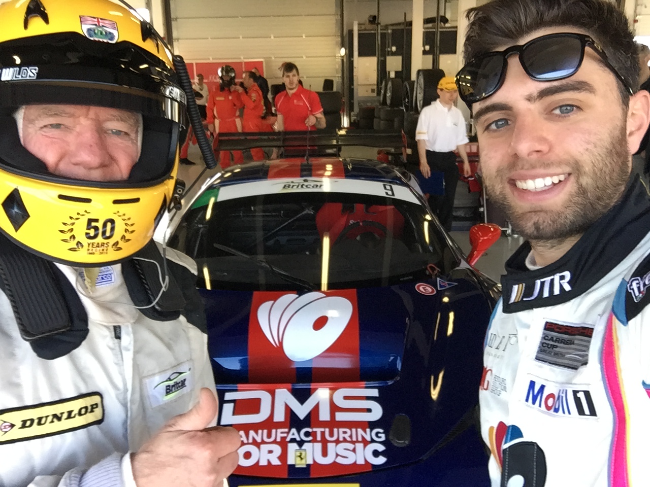 Mike, 71, and Dino, 24, enjoy a selfie before the races