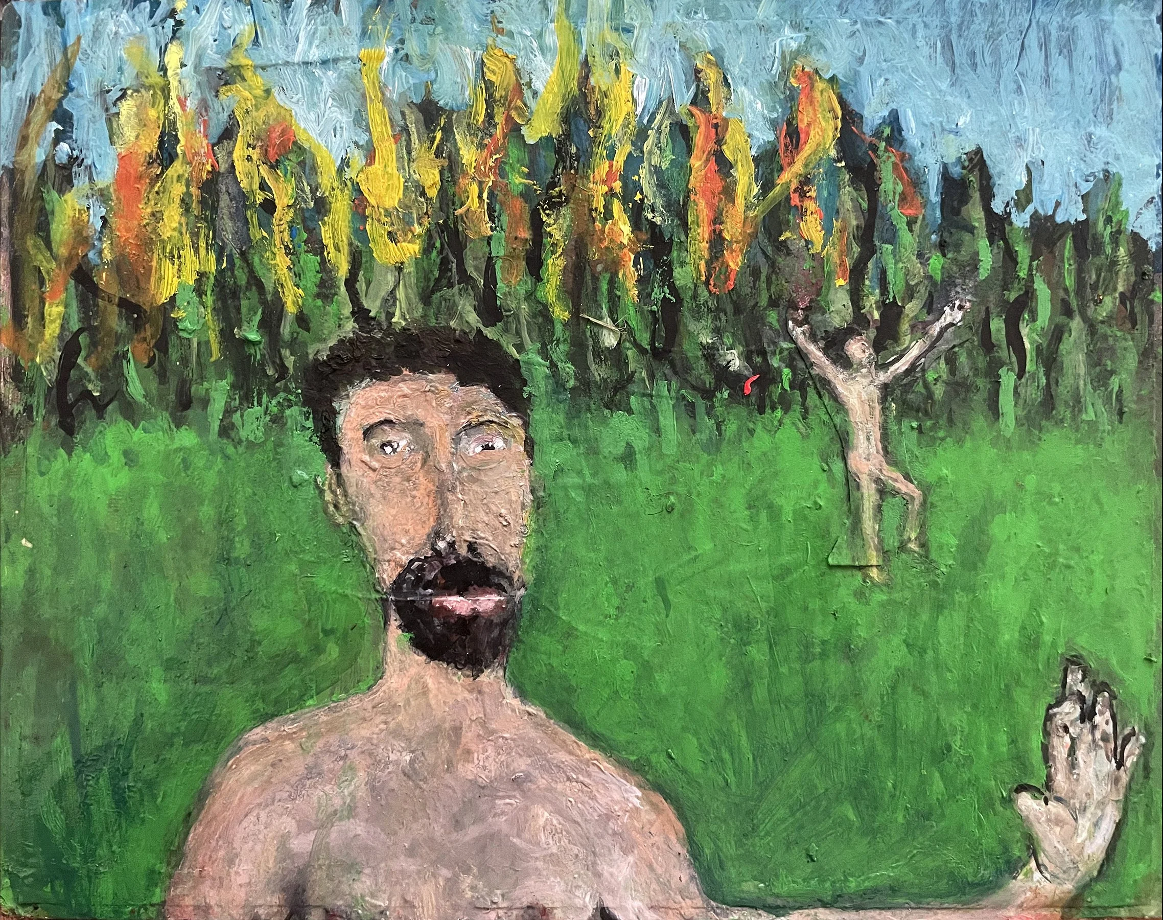 "Selva Oscura (Forest Fire)", oil on paper/collage laid down on masonite, 8 1/2 x 11 inches, 2022