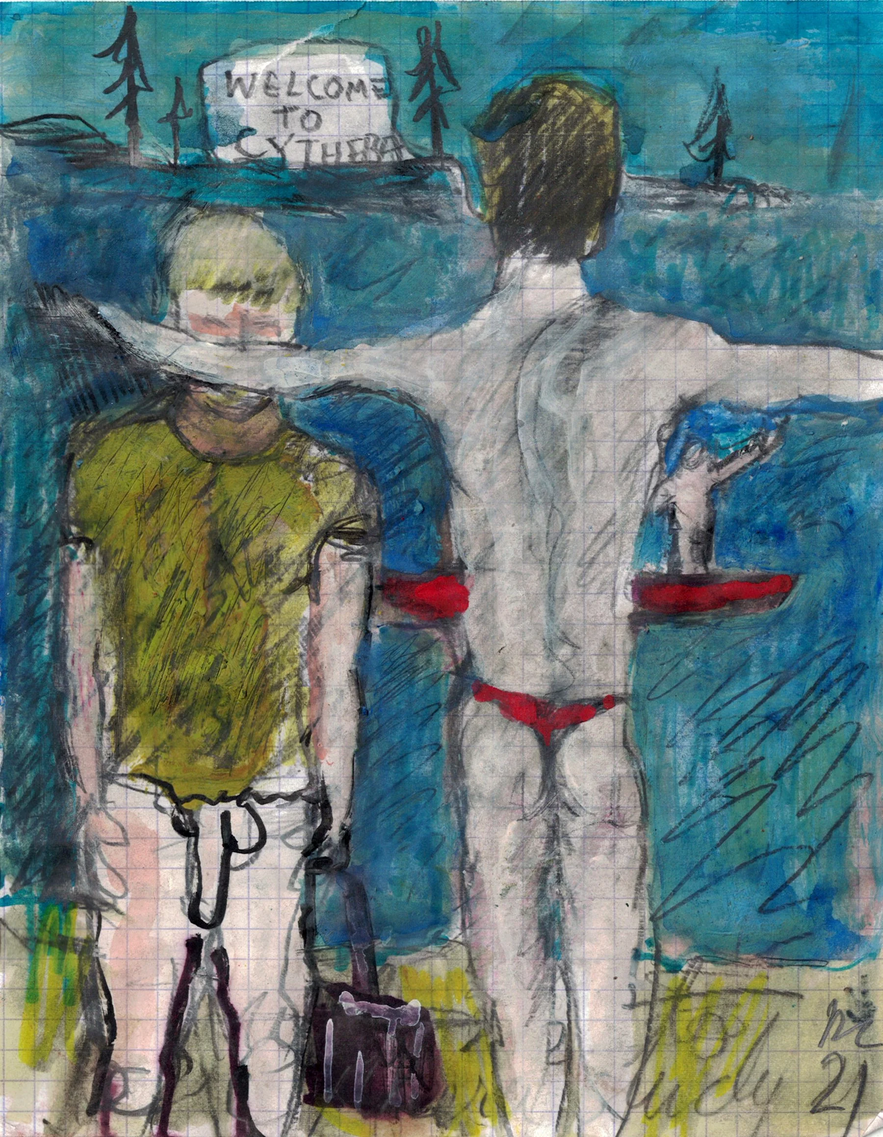 "Welcome to Cythera", mixed media on paper, 2021