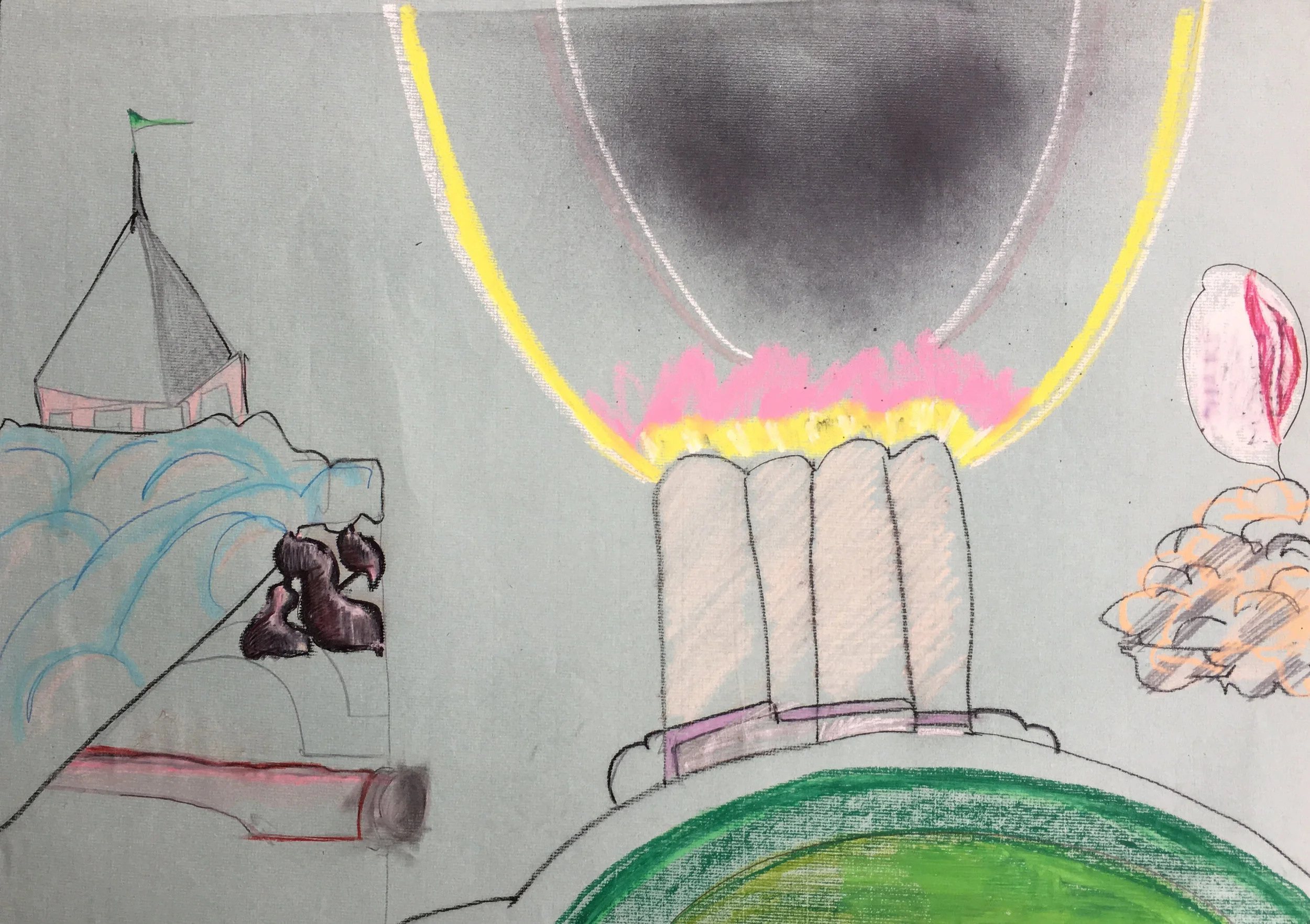 "But The World Knew It Not", mixed media on gray textured paper, 22 x 30 inches, 1977
