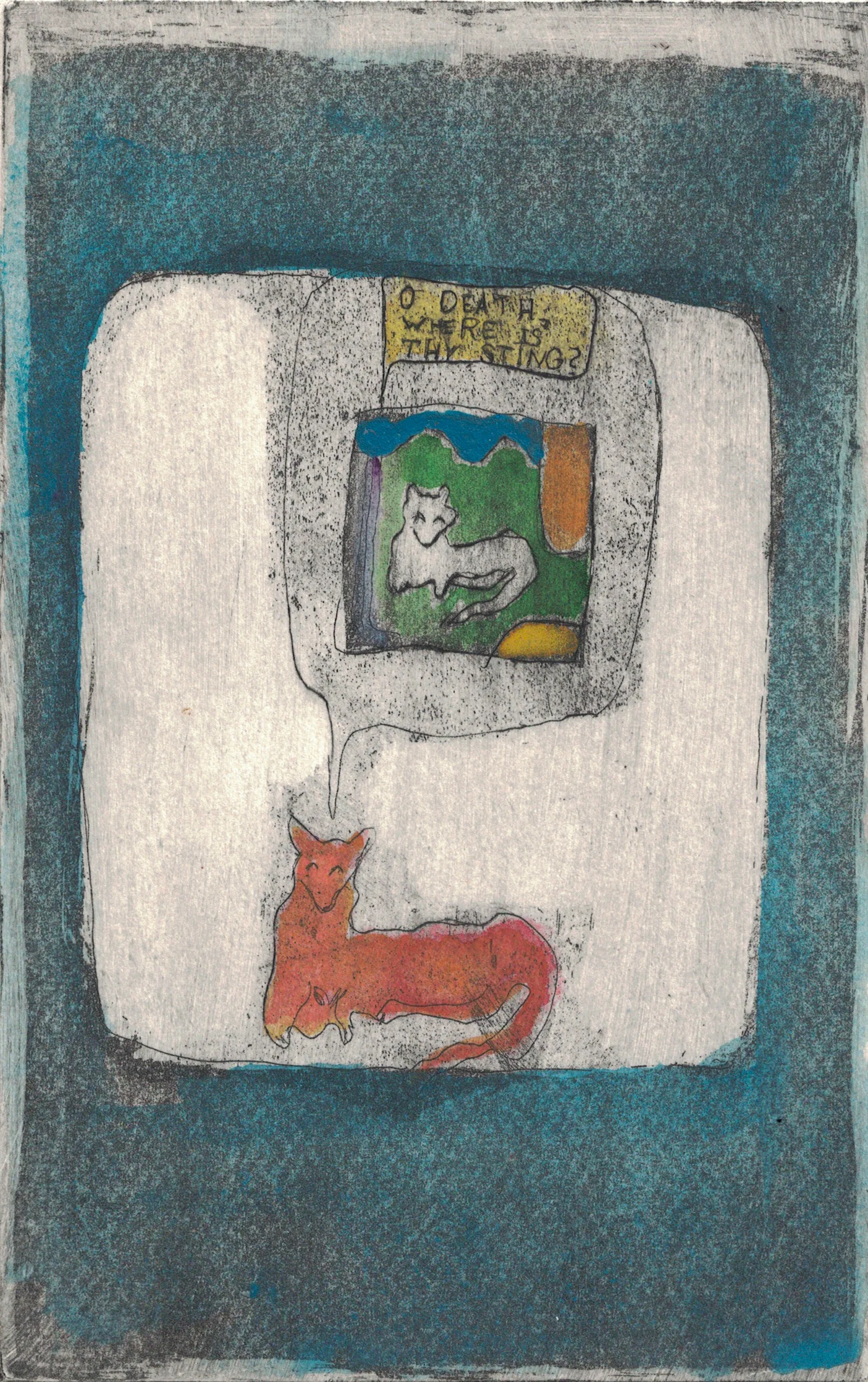 "O death with Foxes", hand-colored etching, 8 x 6 inches, 1968
